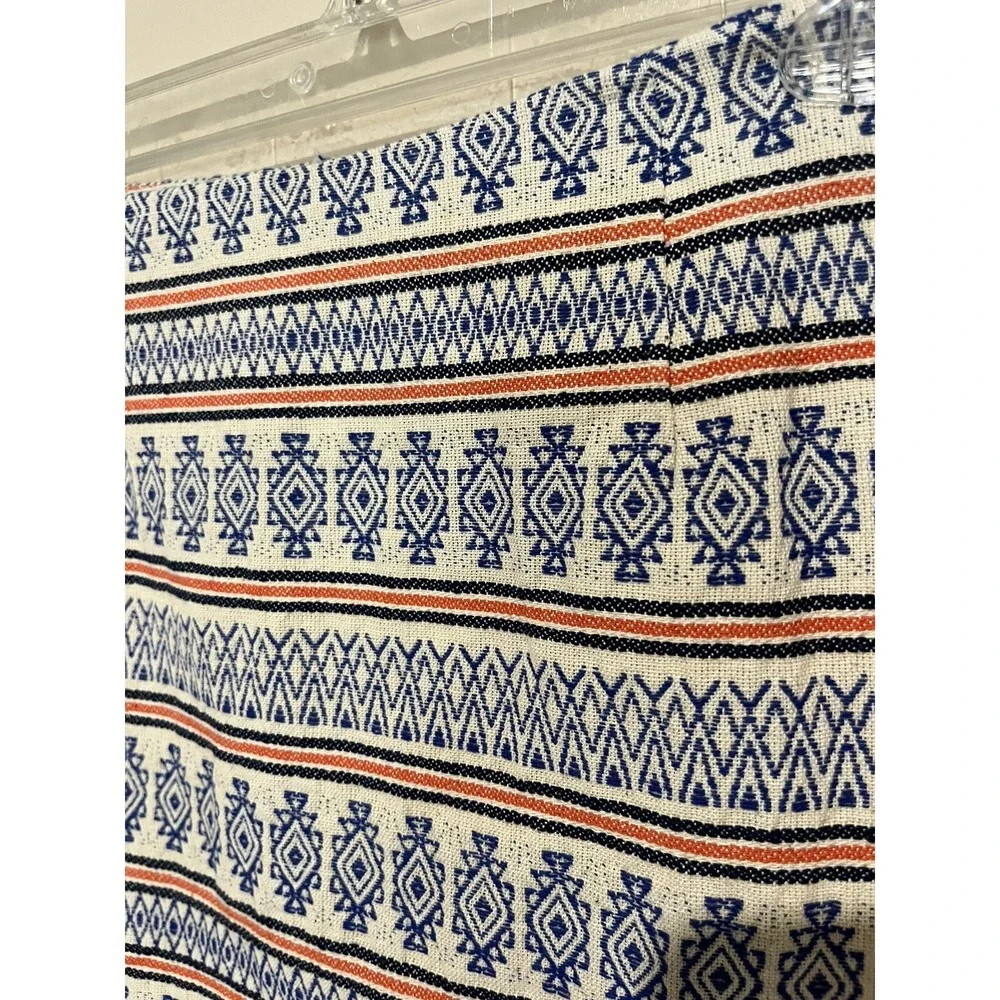 Miami | Mini Skirt Woven Cotton Aztec Print Cream Blue Orange, Lined, Size Small